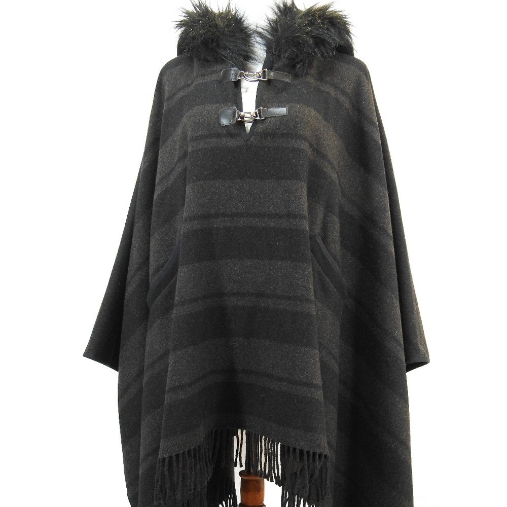 Zara Basic Gray Wool Poncho Faux Fur Trim Hood